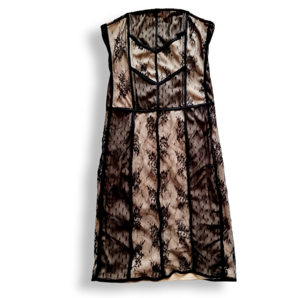 Strapless, black lace, knee length, corset dress with light beige/ tan under lay - Picture 2 of 8